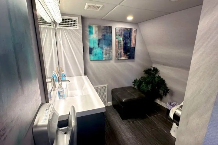 Modern bathroom with sink, art, potted plant, and seating.