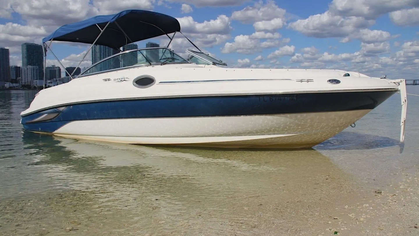 Anchor-down party setup on 26′ Sea Ray with floating mat