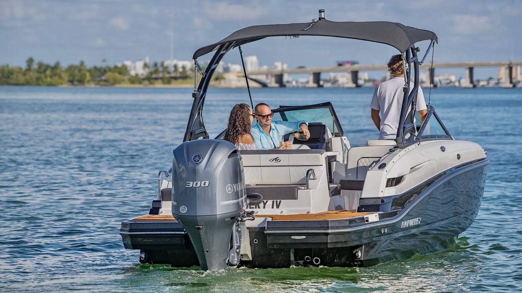 Aft deck with skyline backdrop on 27′ Monterey Miami Beach