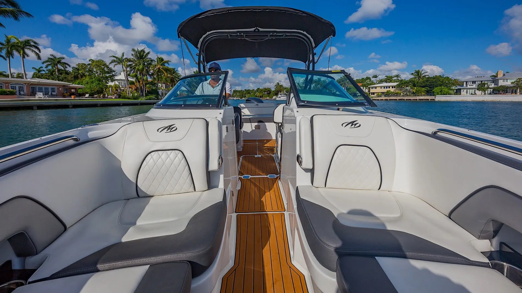 Bow lounge during anchor stop on 27′ Monterey Miami Beach