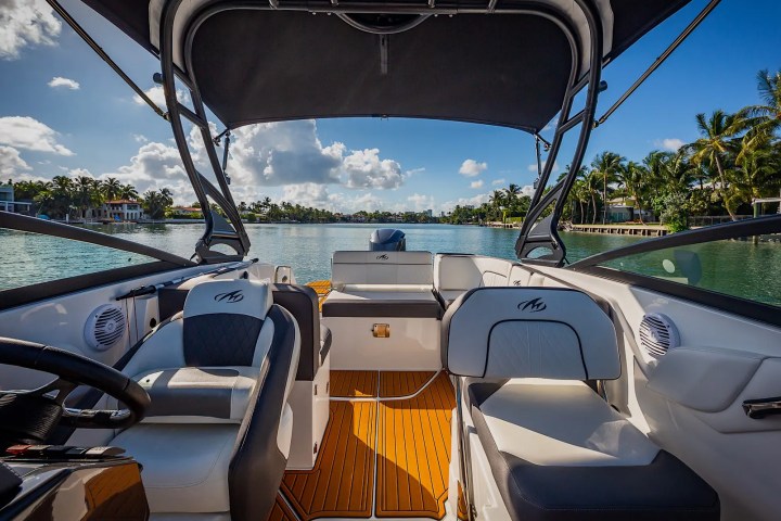 View from inside a boat on a lake with palm trees and houses in the background.