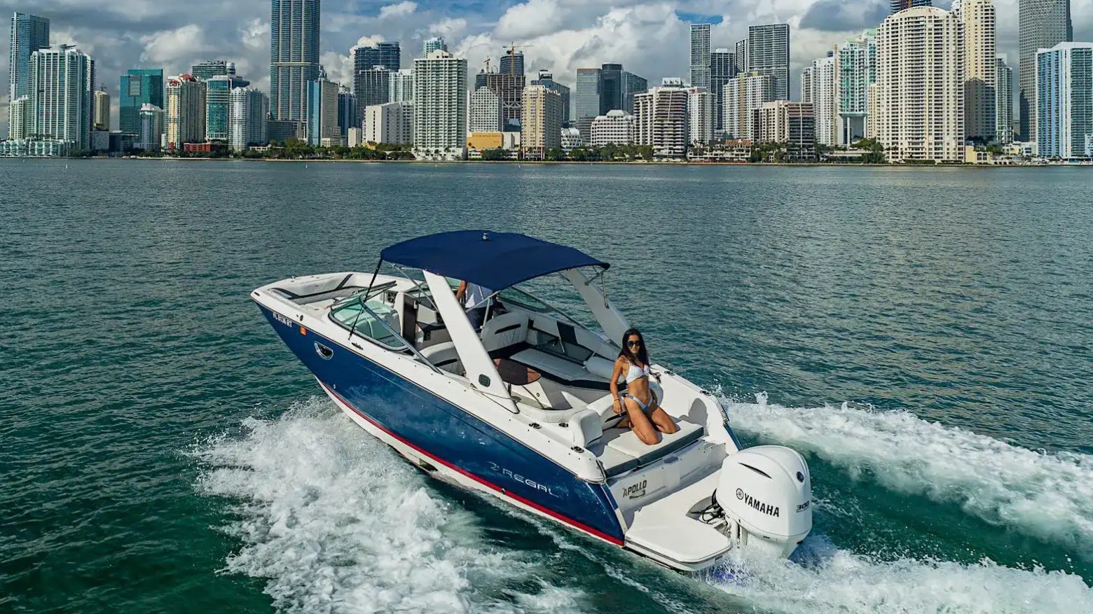 Waterline drone pass of 27′ Regal Miami Beach