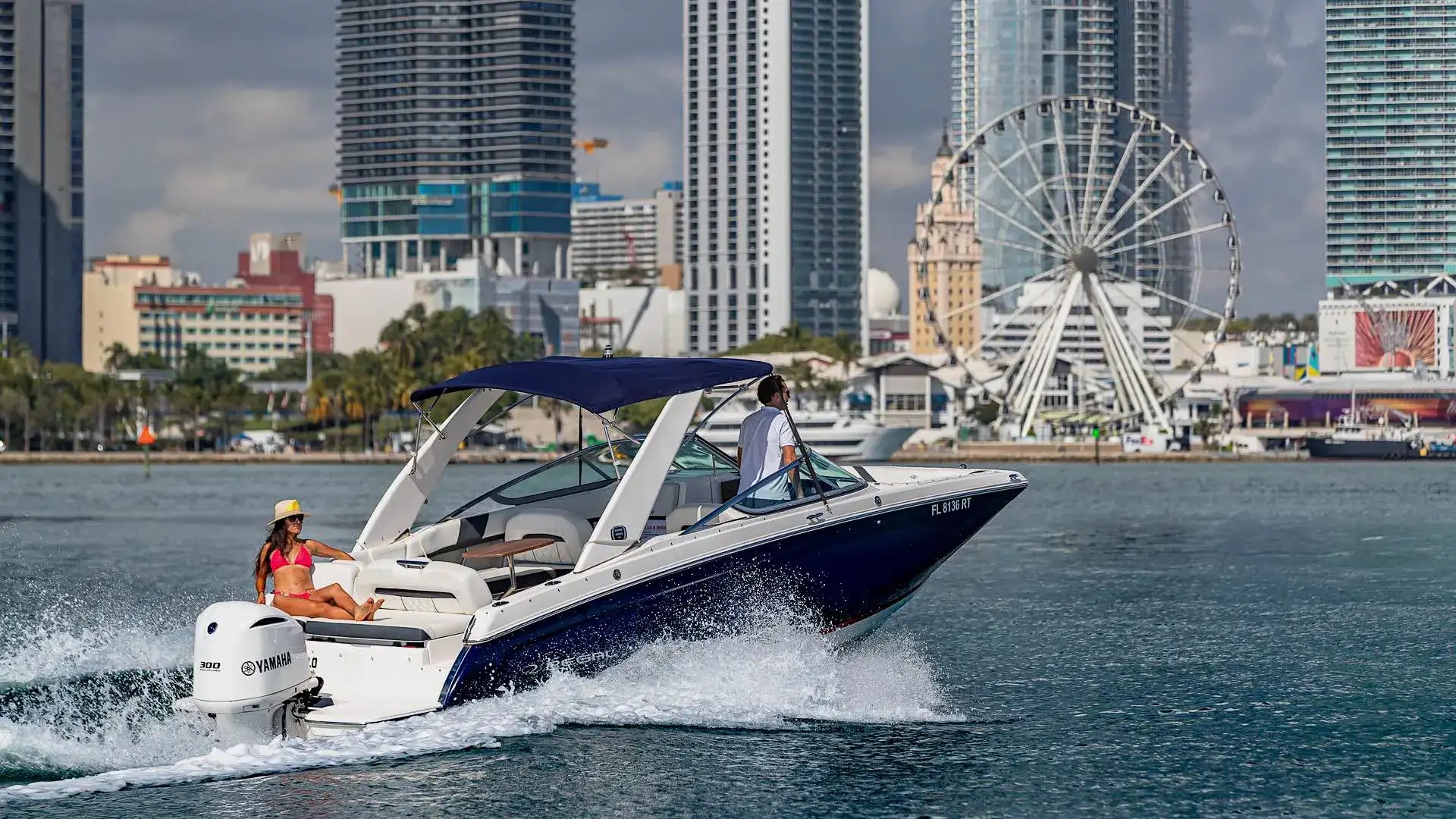 Aft aerial drone view of 27′ Regal Miami Beach