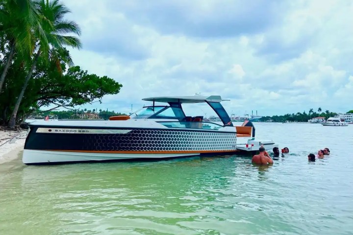 Boat with hexagonal pattern parked on beach, several people swimming nearby.