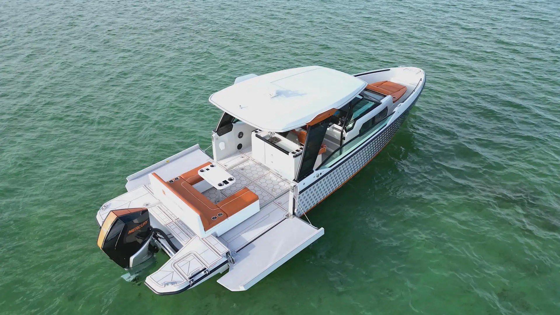 Drone orbit view of 32′ Saxdor Miami Beach