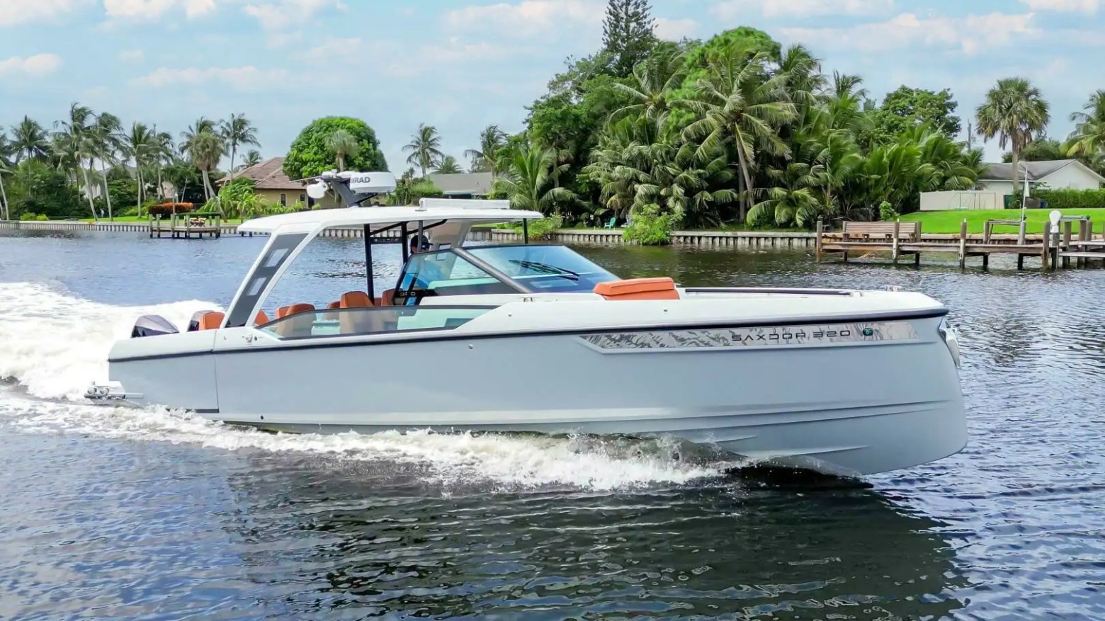 High side drone pass of 32′ Saxdor Miami Beach