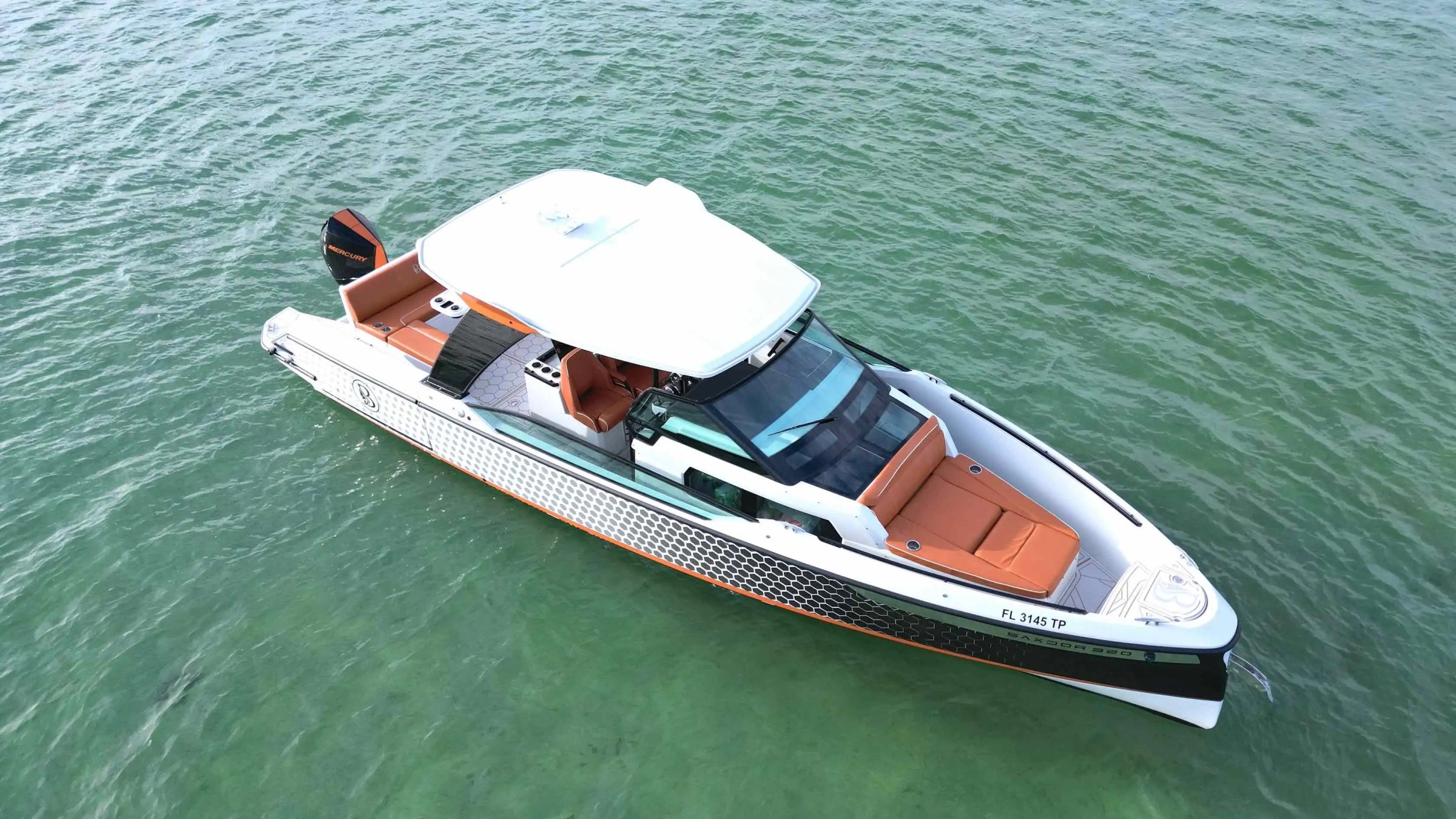 Forward aerial angle on 32′ Saxdor Miami Beach