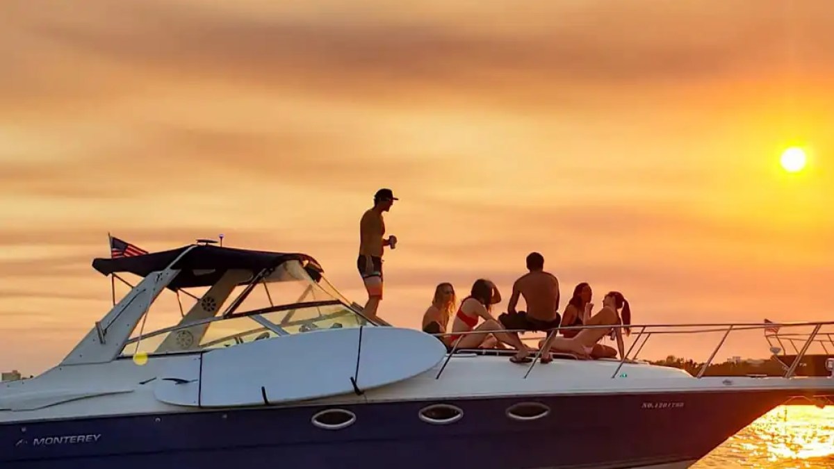 High side drone pass of 36′ Monterey Miami Beach