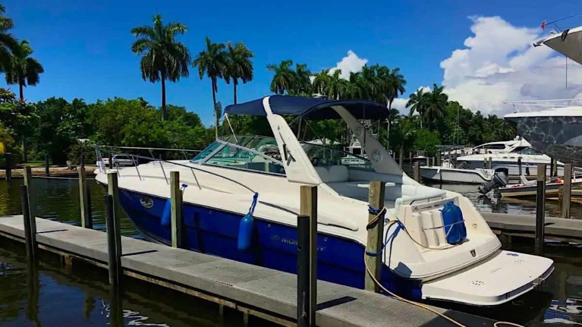 High side drone pass of 36′ Monterey Miami Beach