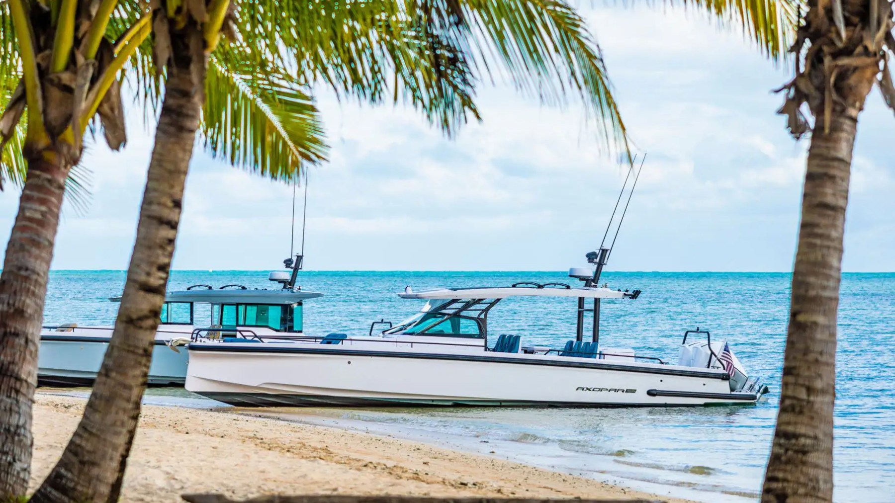 Two white boats on a sandy beach, framed by palm trees, with a clear blue sea background.