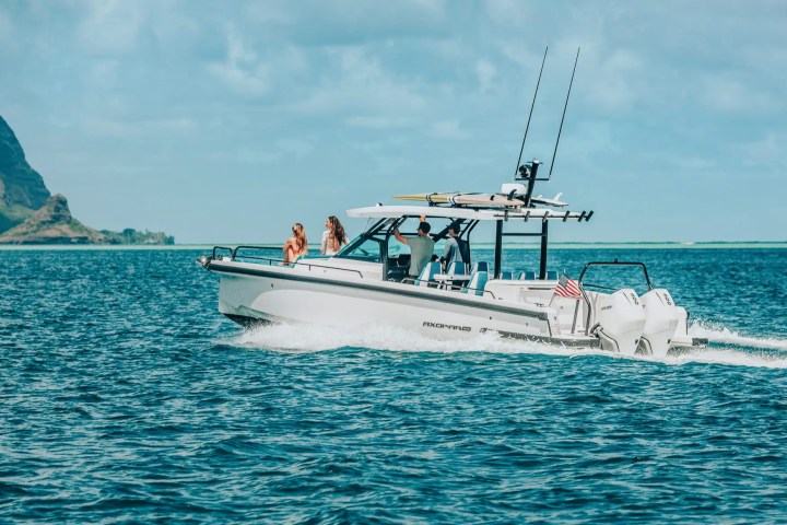 A white motorboat cruising with passengers on a calm ocean near a hilly coastline.