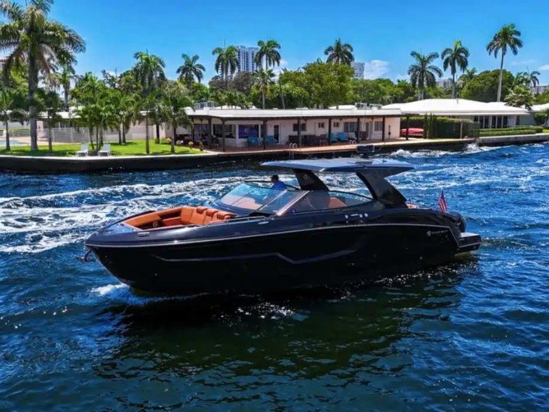Luxury boat on blue water near palm-lined shore and modern house under clear sky.