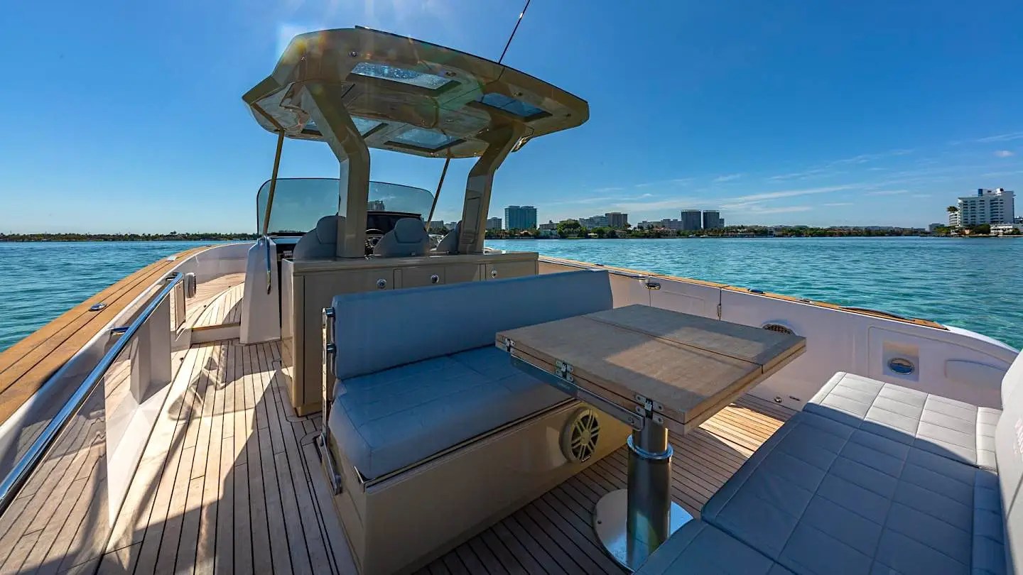 Aft lounge seating on 38′ Pardo Miami Beach