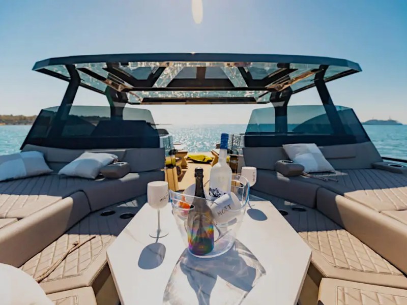 Cockpit table setup for refreshment on 38′ Tesoro Miami