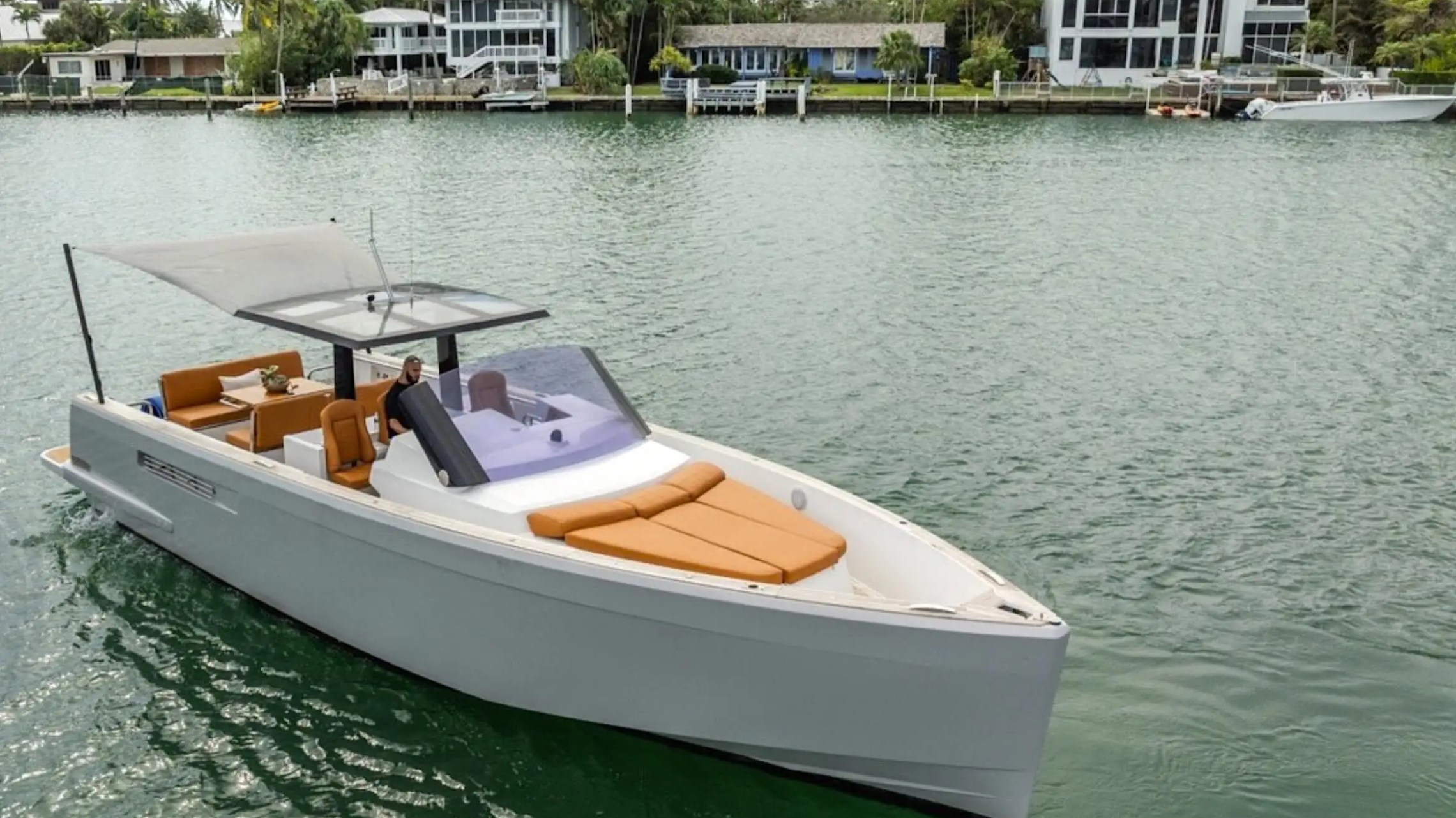 Forward aerial drone angle on 40′ Fjord Miami Beach