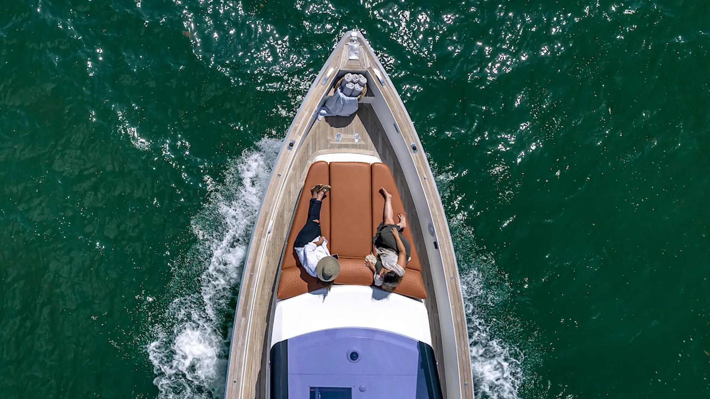 Forward bow drone approach on 40′ Fjord Miami Beach