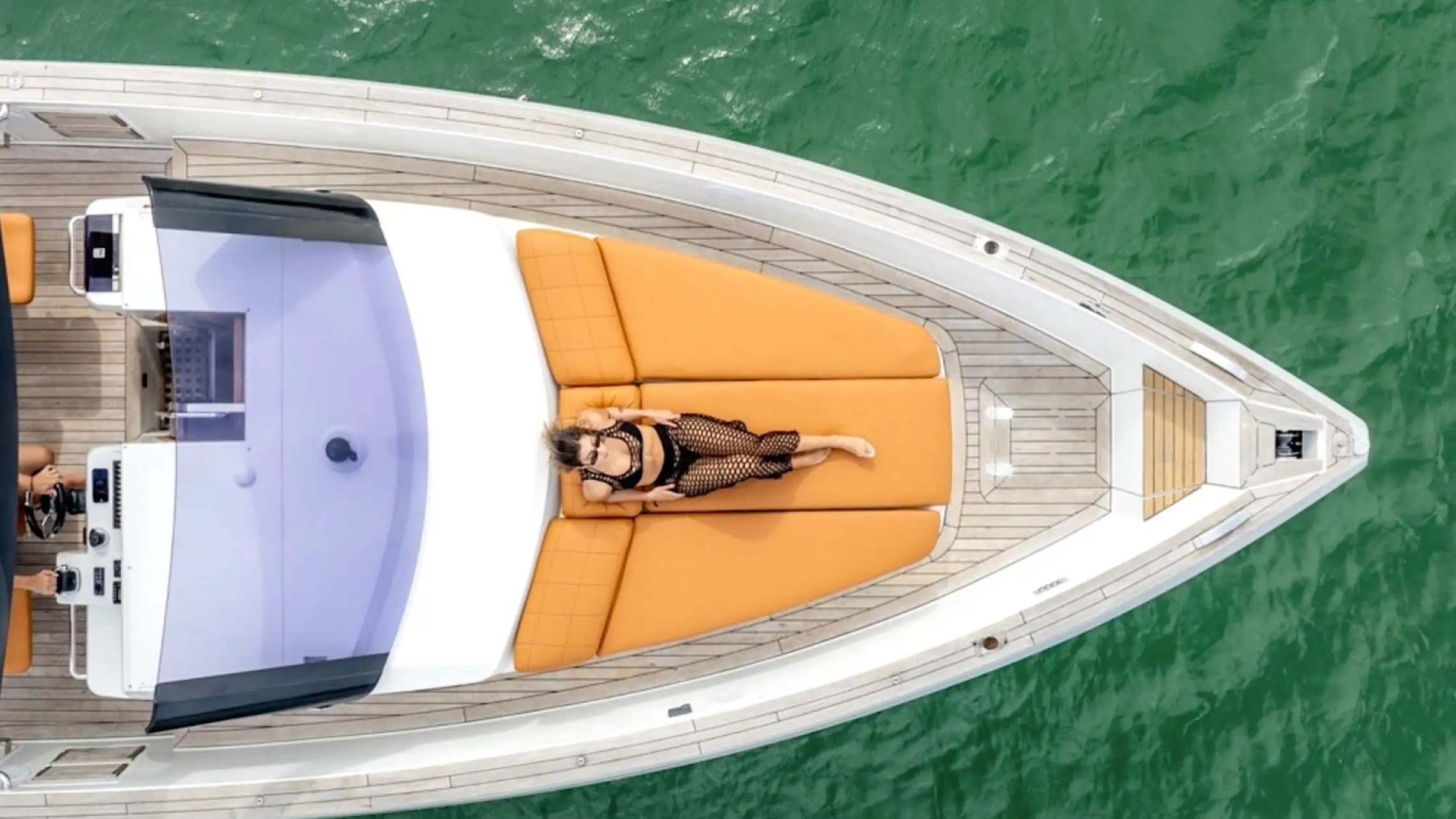 Bow aerial drone view of 40′ Fjord Miami Beach