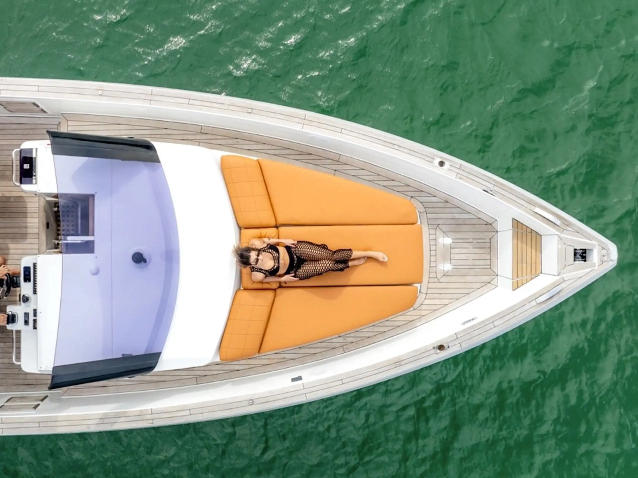 Bow aerial drone view of 40′ Fjord Miami Beach