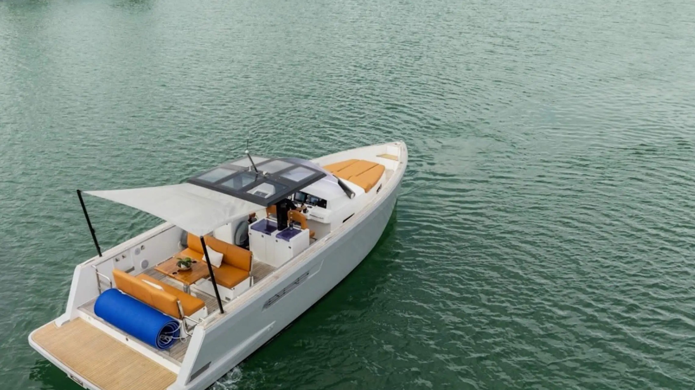 Side aerial drone pass of 40′ Fjord Miami Beach