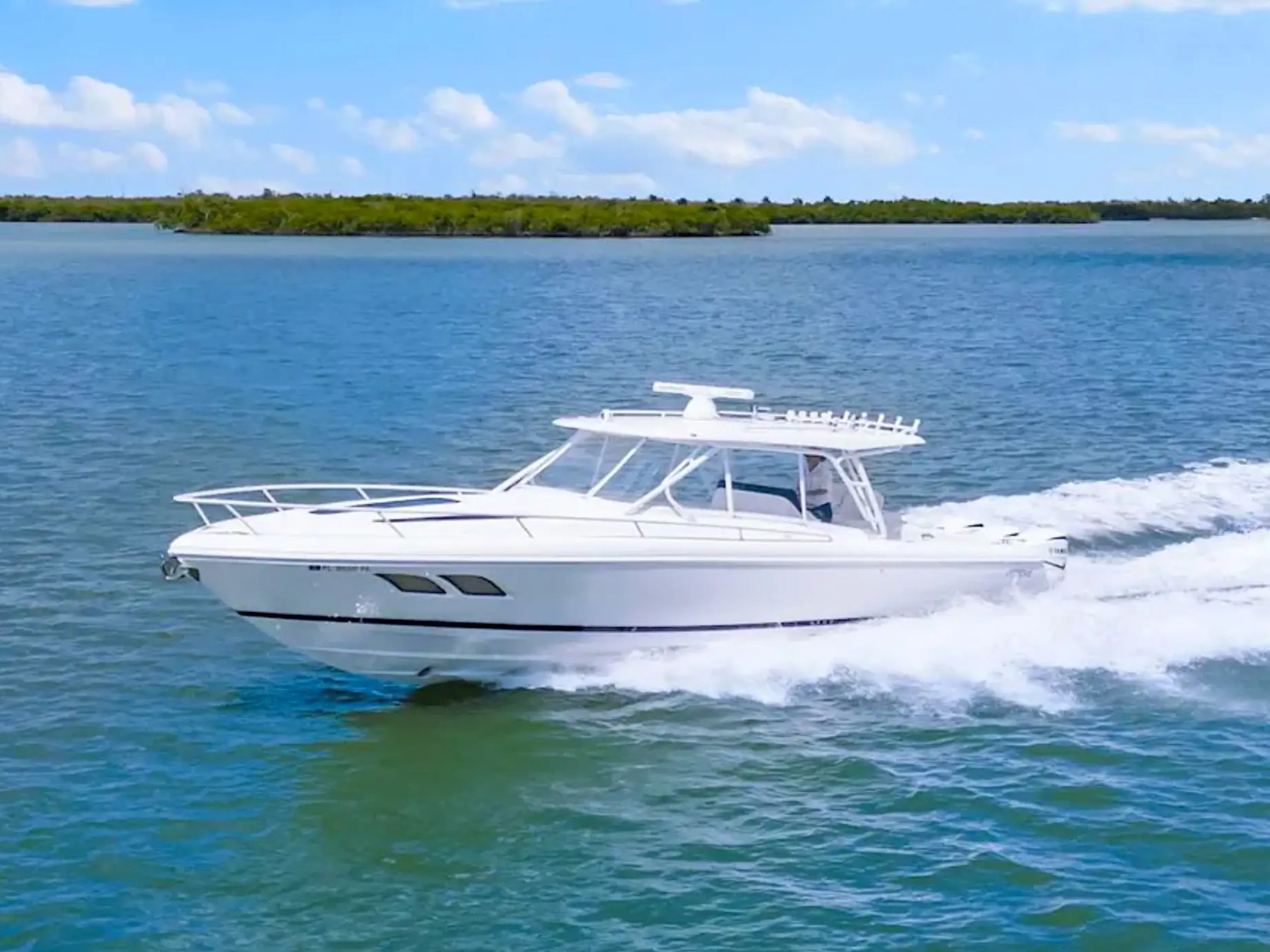 White motorboat speeding on blue water with green shoreline in background.