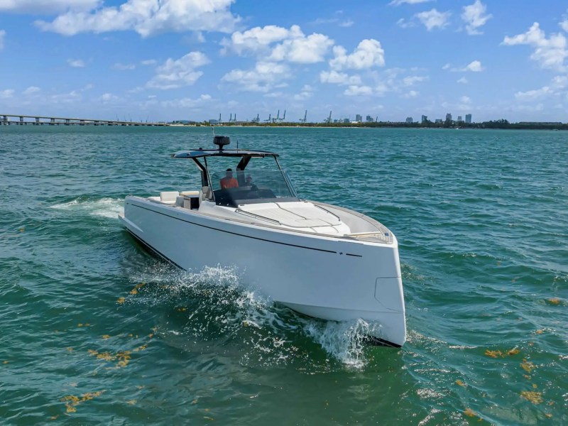 Aerial view of 43′ Pardo boat cruising Miami Beach waters