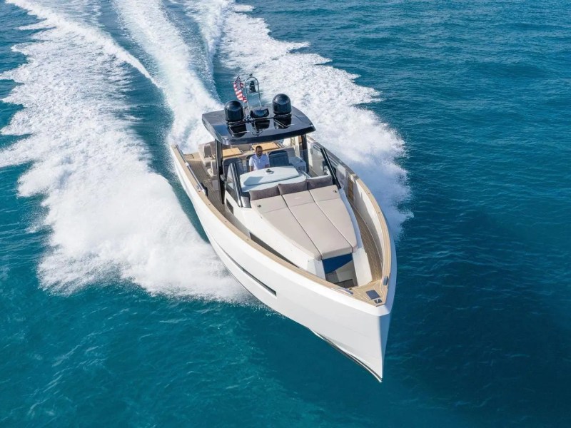 44′ Fjord boat aerial view cruising Miami Beach waters