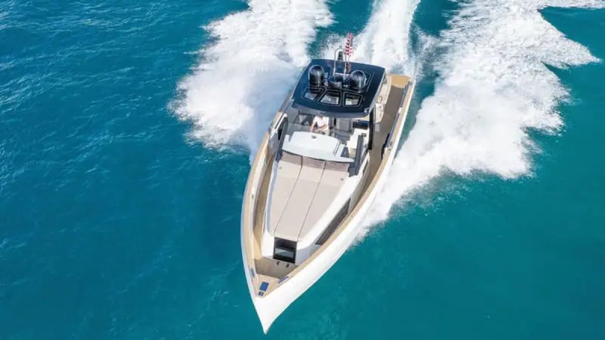 44′ Fjord boat top-down view Biscayne Bay cruising