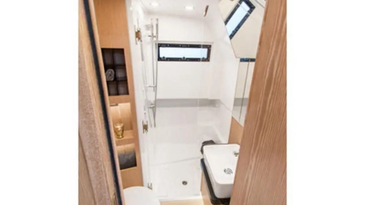44′ Fjord boat bathroom interior with fixtures