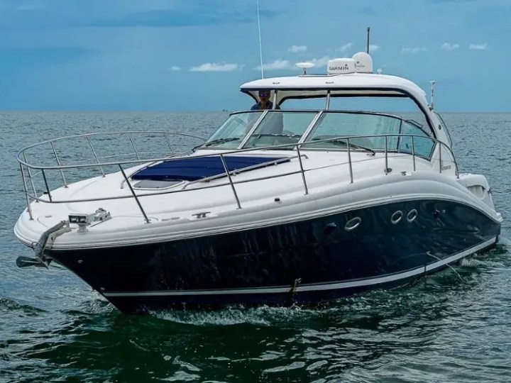 White powerboat with blue hull navigating through calm ocean waters under a clear sky.