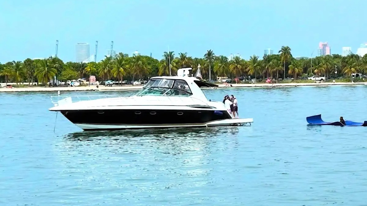 Aerial skyline + ocean combo on 48′ Formula Miami