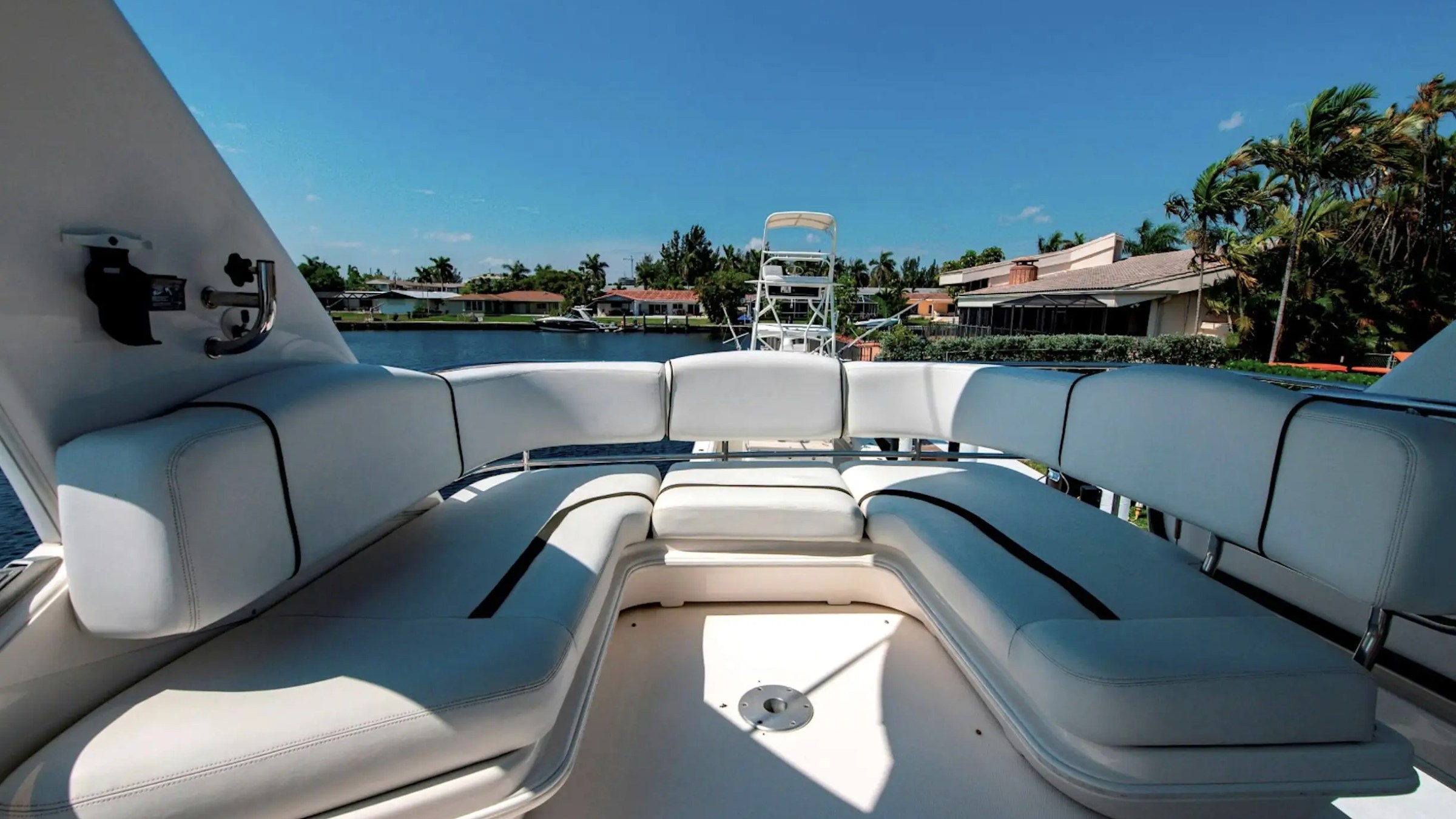 50' SeaRay yacht flybridge seating with panoramic Miami Beach views