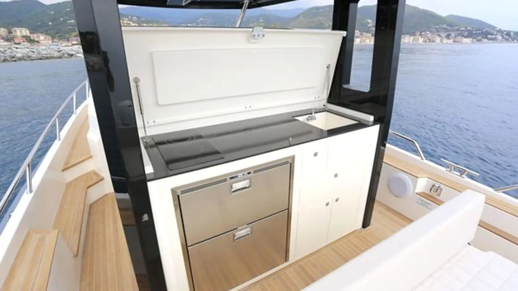 51' Capelli yacht BBQ grill on aft deck setup in Miami Beach