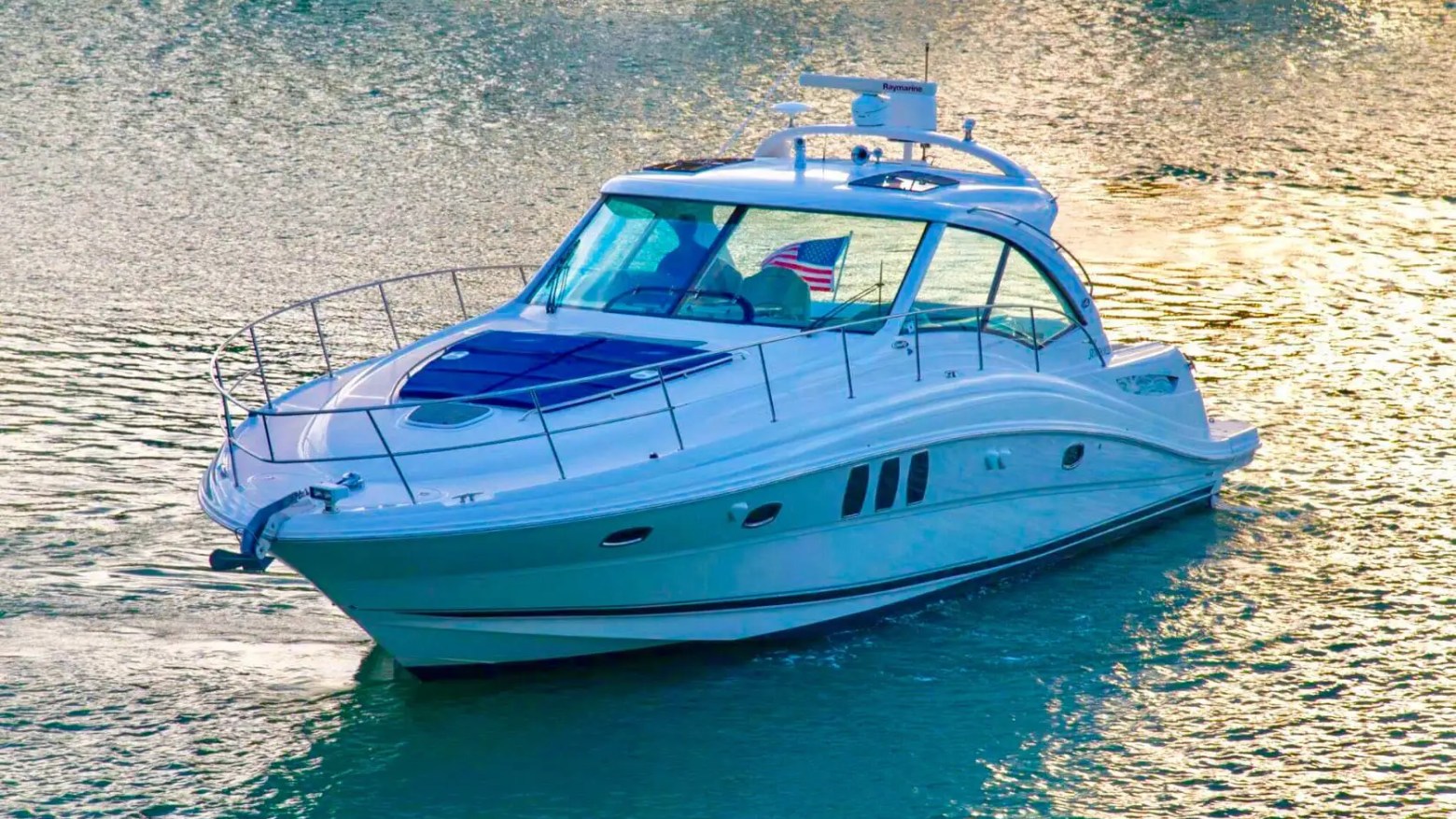51′ SeaRay yacht top-down cruising Biscayne Bay