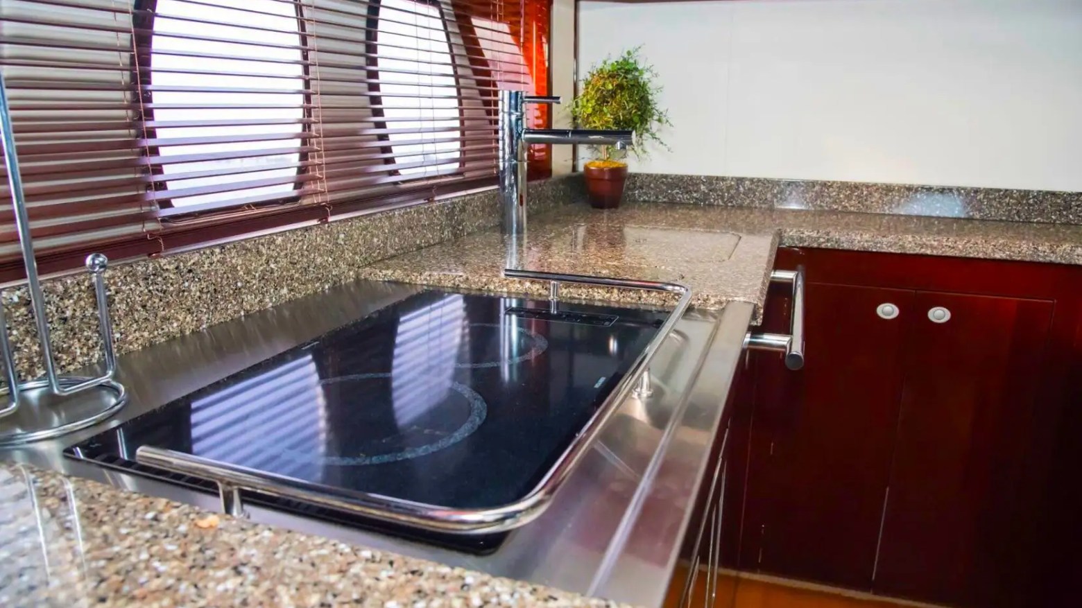 51' SeaRay yacht galley stove and cooking area inside cabin