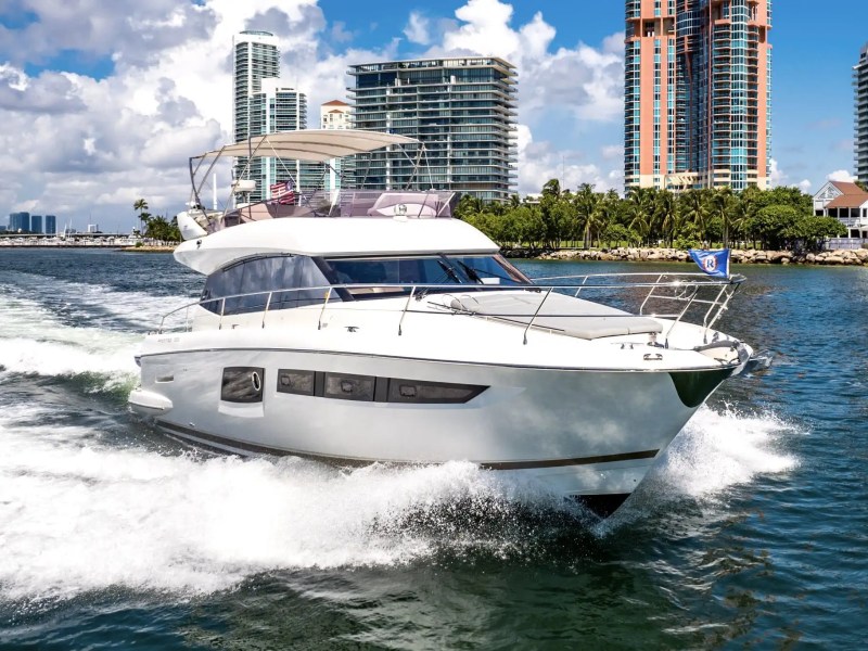 52′ Prestige yacht aerial view cruising Miami Beach waters