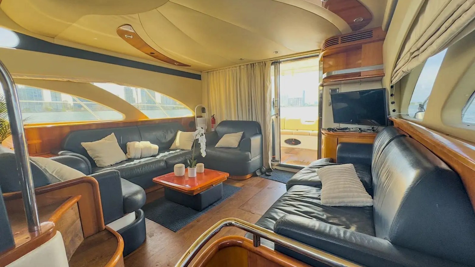 Lounge seating in salon of 53′ Azimut