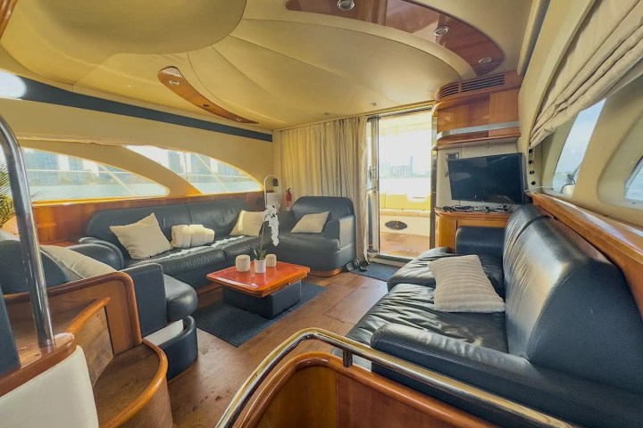 Lounge seating in salon of 53′ Azimut