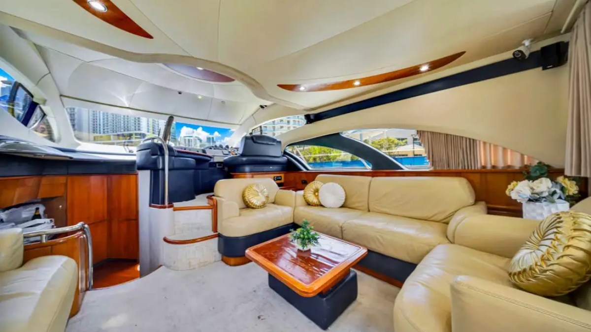 Port-side salon view on 55′ Azimut yacht