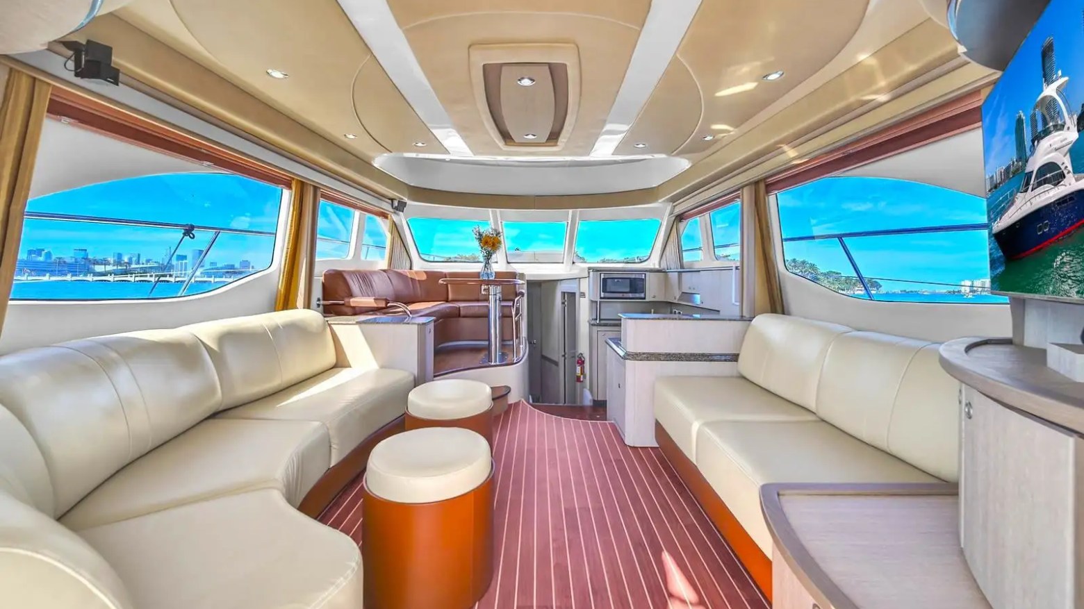 56′ SeaRay yacht interior salon with panoramic windows