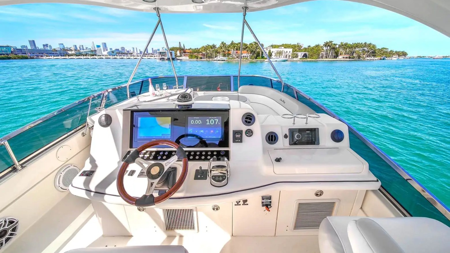 56′ SeaRay yacht flybridge helm with water views