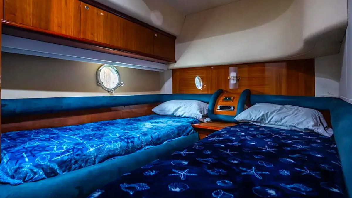 Cozy cabin with two single beds and blue nautical-themed bedding.