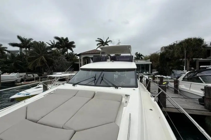 Large white motorboat docked by palm trees and buildings on a cloudy day.