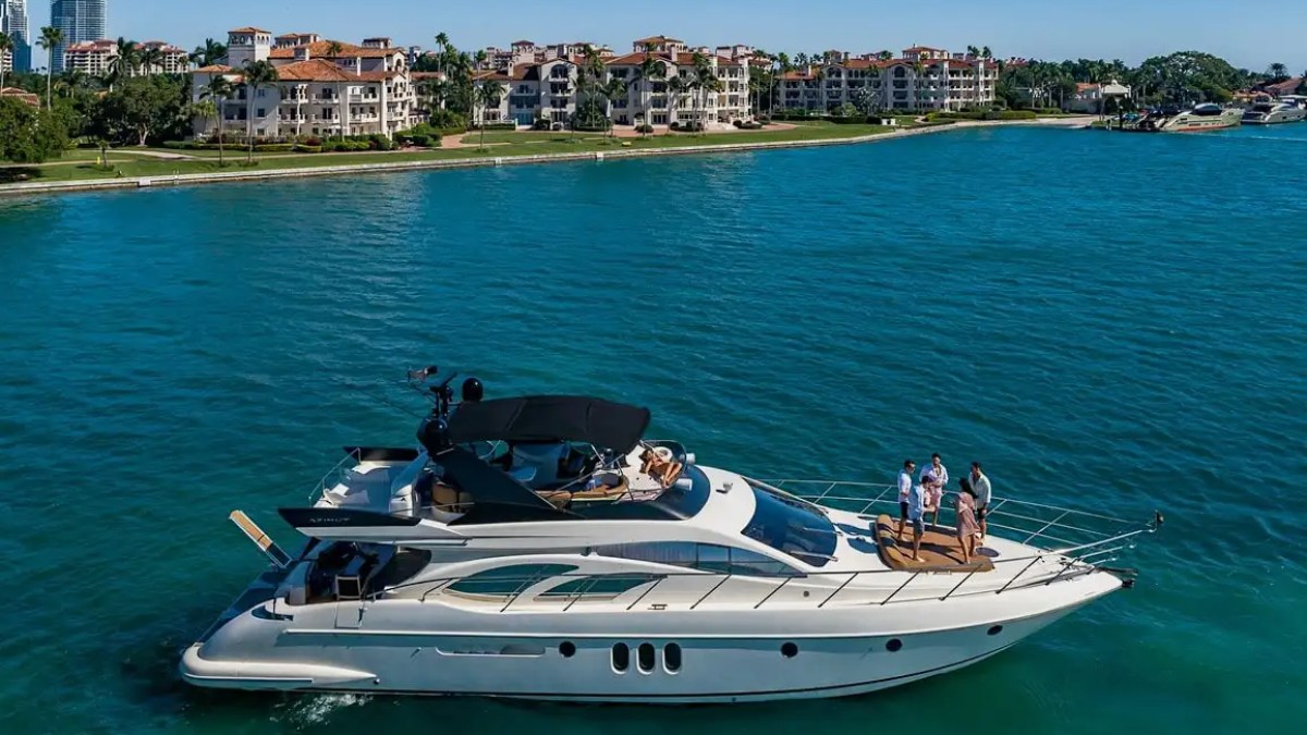 62′ Azimut 2 yacht top-down cruising Biscayne Bay