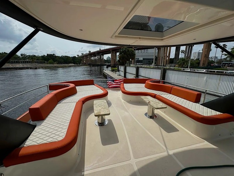Flybridge lounge seating on 62′ Powercat Miami