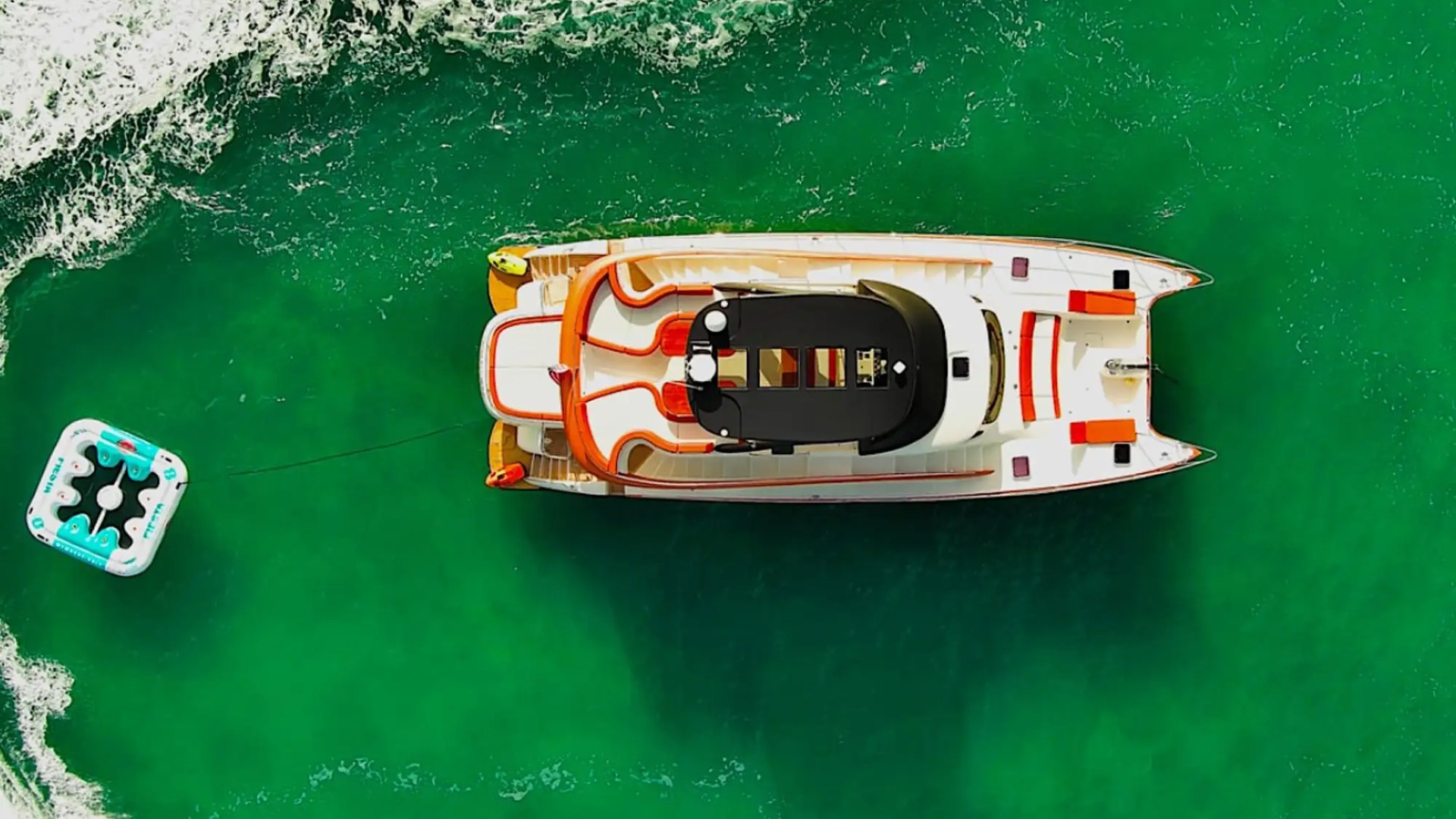 Drone aerial view of 62′ Powercat Miami