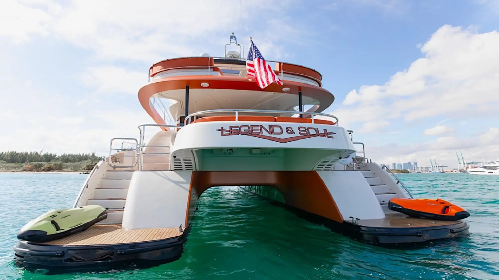 Swim platform with seabobs on 62′ Powercat Miami