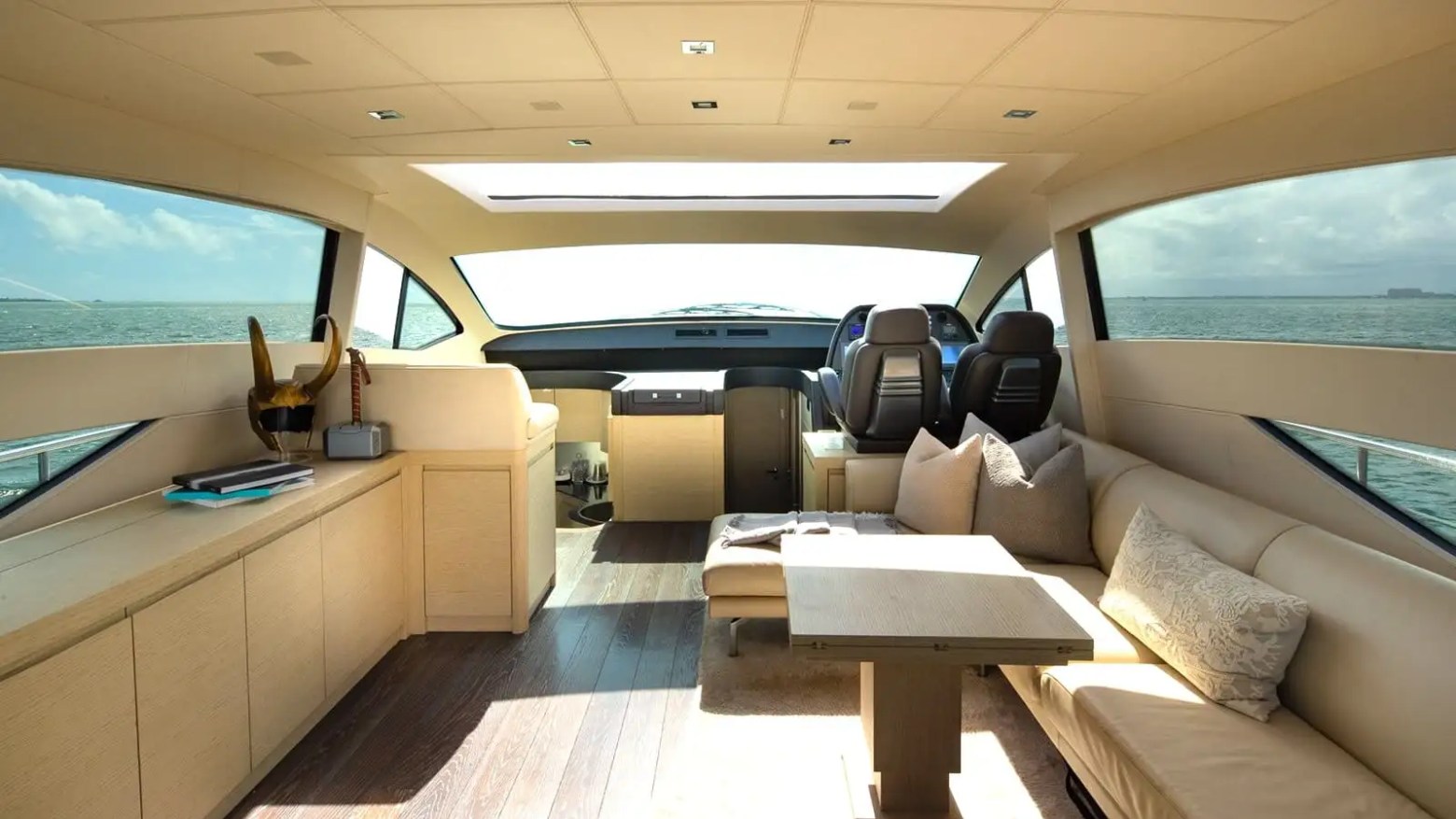 Indoor dining wide-angle view on 65′ Pershing Miami