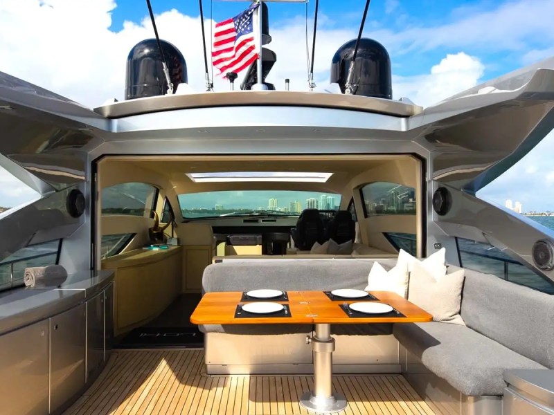 Aft shaded seating area on 65′ Pershing Miami