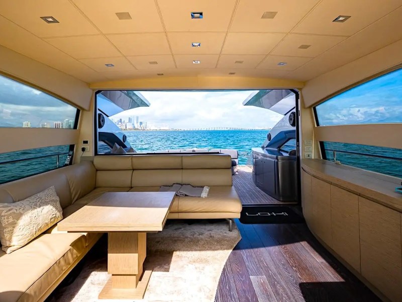 Dining area close-up inside 65′ Pershing Miami