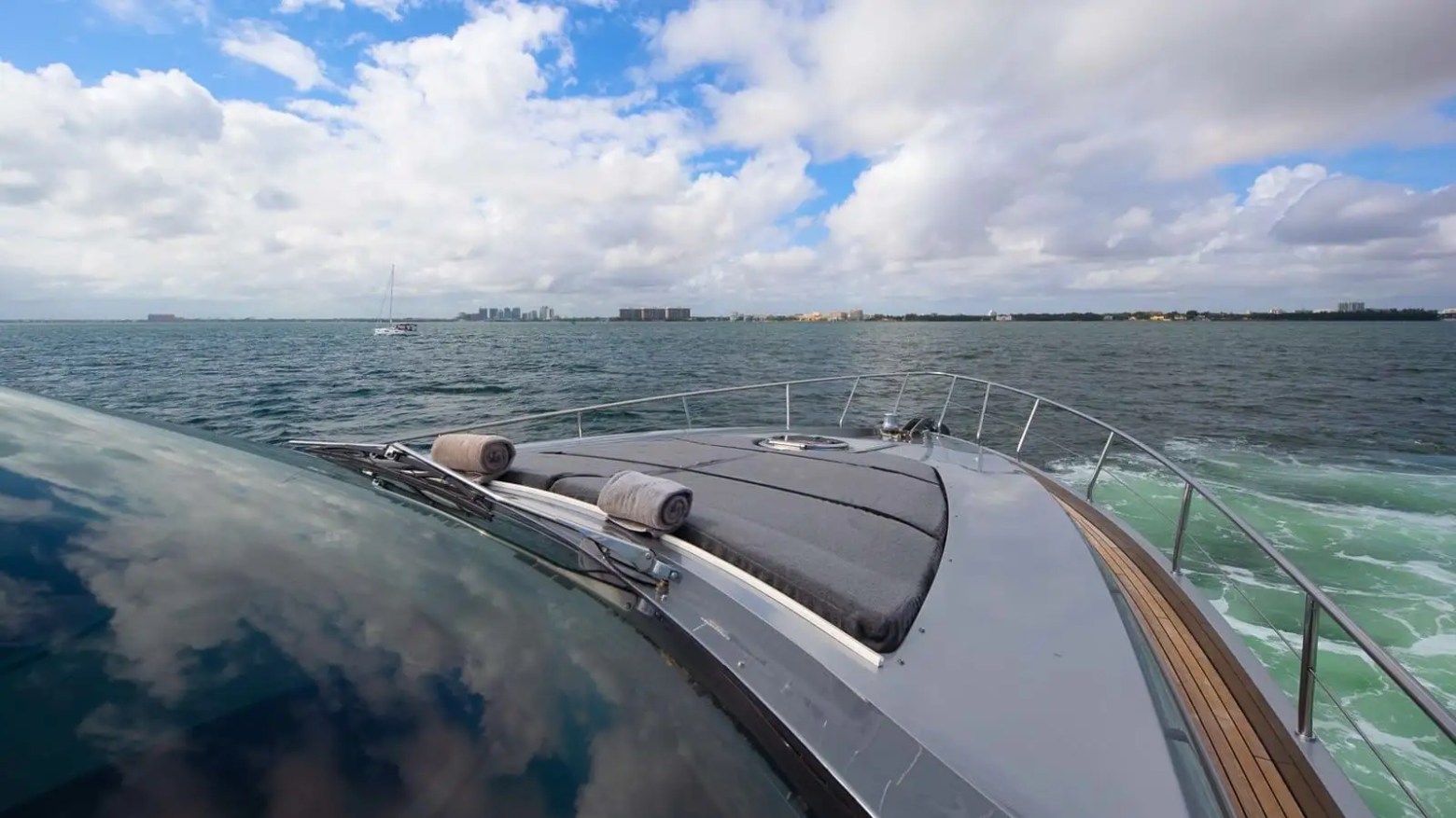 Bow forward view toward skyline on 65′ Pershing Miami